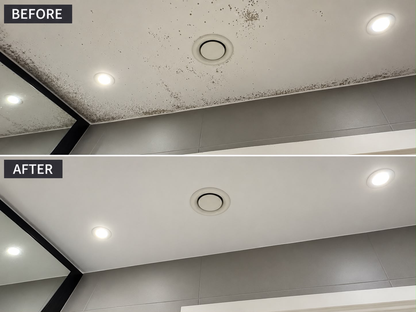 Before-and-after photographs showing mould on a bathroom ceiling and the clean, repainted ceiling after treatment